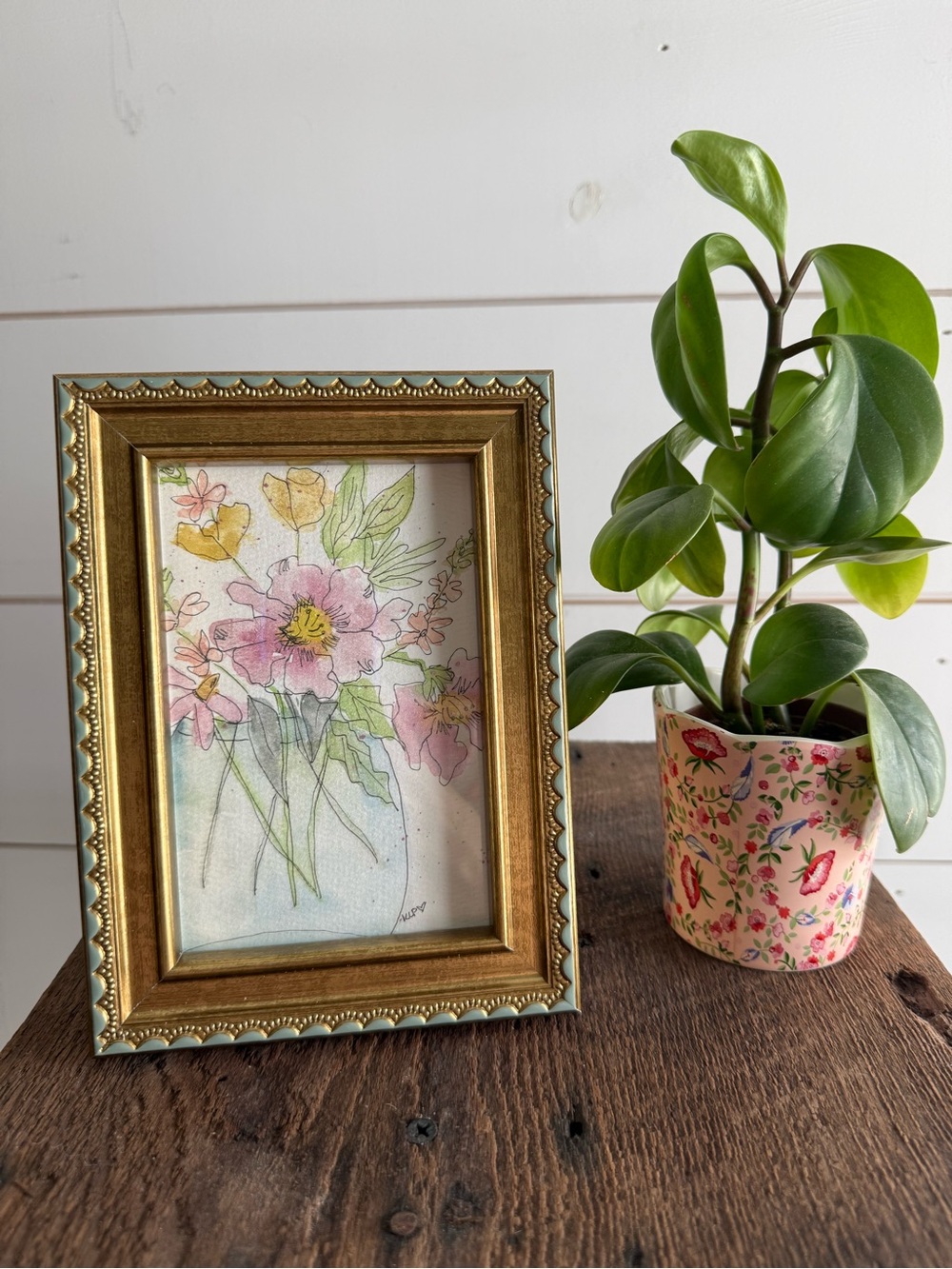 Hand crafted watercolor original in 4x6 Gold Ornate Frame